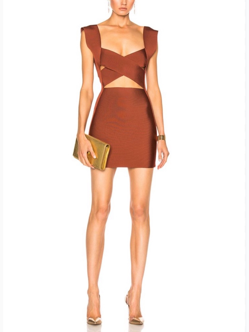Balmain Cut Out Mini Dress in Rust 38